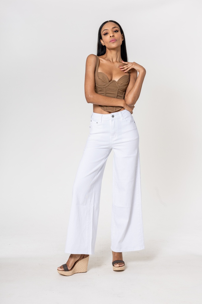 [YY300-10-blanc-36] Jeans wide leg uni taille haute - Nathalie - Blanc (36)