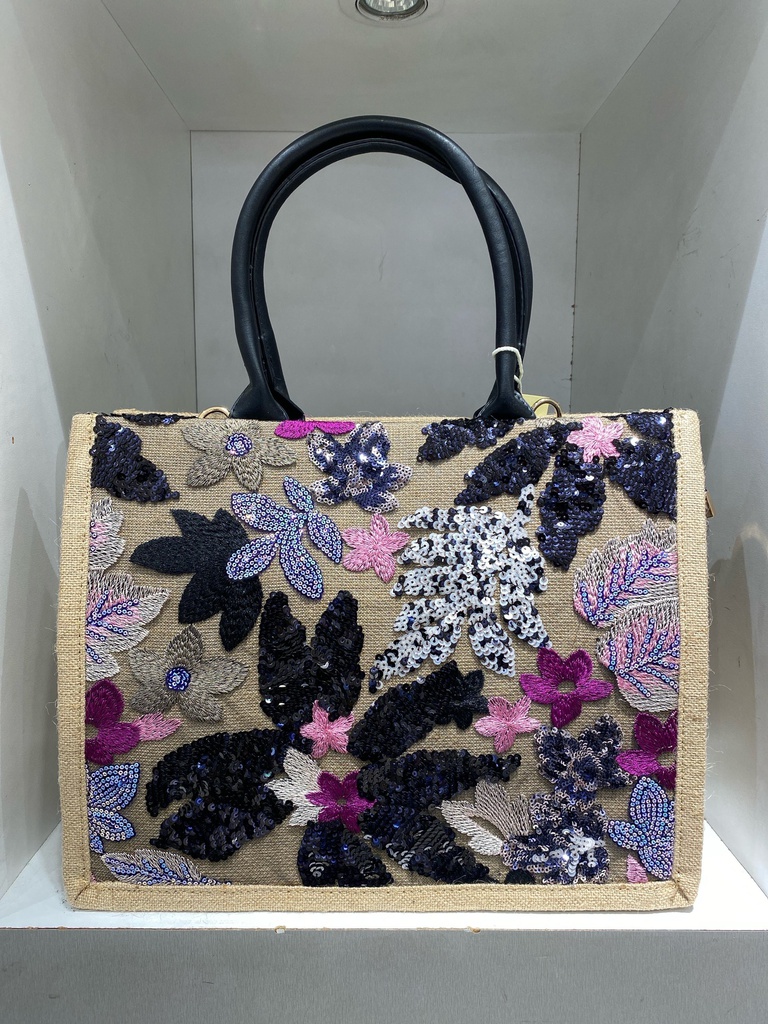 Sac cabas coton avec motif brodé - Léna - noir