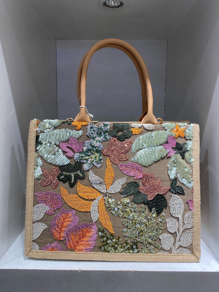 Sac cabas coton avec motif brodé - Léna - vert d'eau