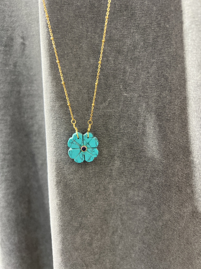 [COL-LMS-FLO-TUR] Collier avec pendentif et pierres semi-précieuses - Le monde est stone - FLOWER - Turquoise