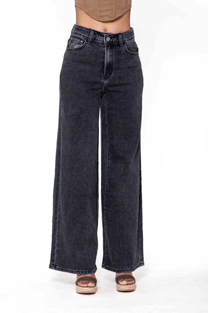 [YY300-8-noir-36] Jeans wide leg uni taille haute - Nathalie - noir délavé (36)