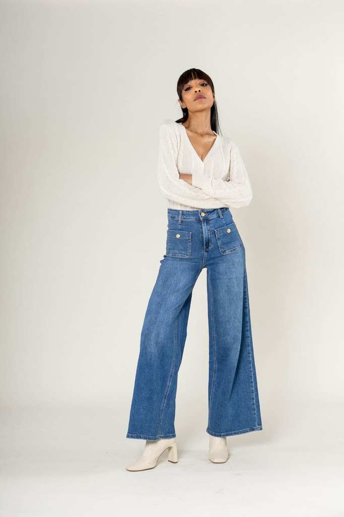 [YY308-1-bleu-36] Jeans super wide leg avec poches appliquées - Flora - Bleu (36)
