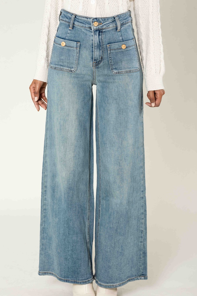 [YY308-13-vintage-36] Jeans super wide leg avec poches appliquées - Flora - Bleu vintage (36)