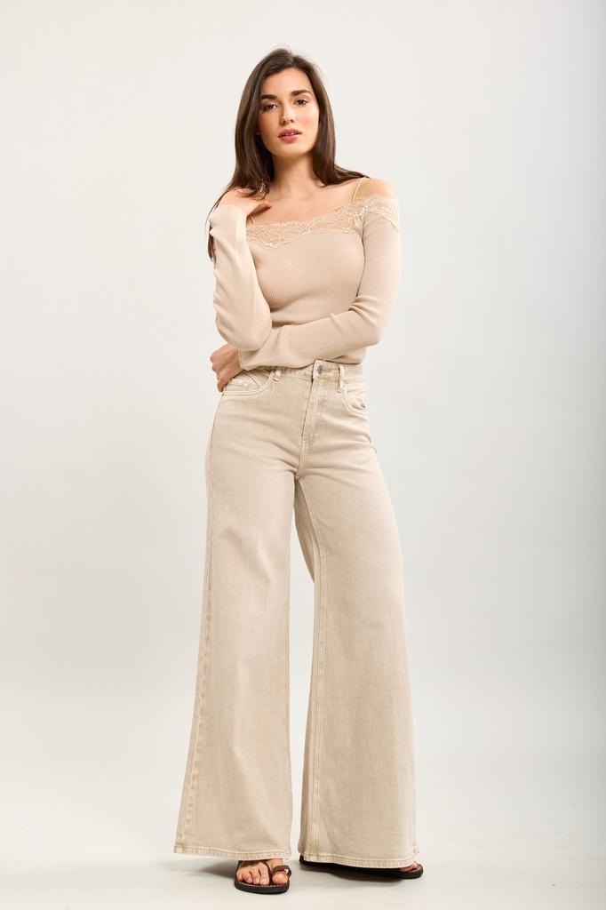 [L21395-7-beige-L] Jeans extra wide leg - Emilia - Beige (L)