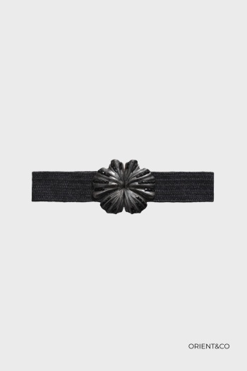 [CT-AU10815-noir] Ceinture élastique raphia - Fleur - noir