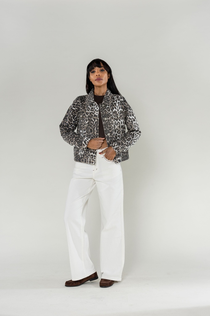 [S570-72-leobl-L] Veste en jeans coupe droite - Lola - léopard blanc (L)