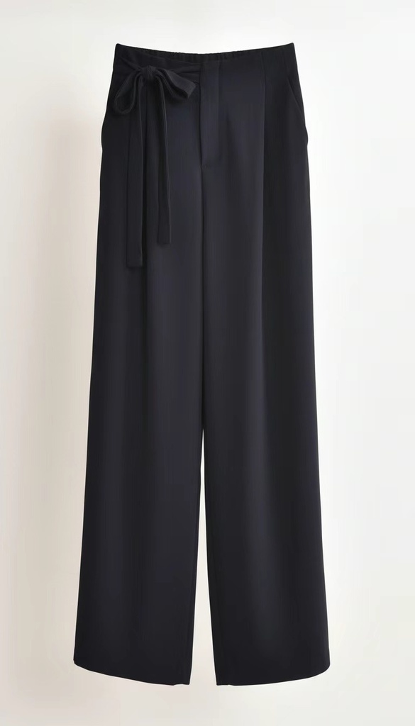 [25088-1-marine-L] Pantalon de tailleur large avec ceinture - Marine (L)
