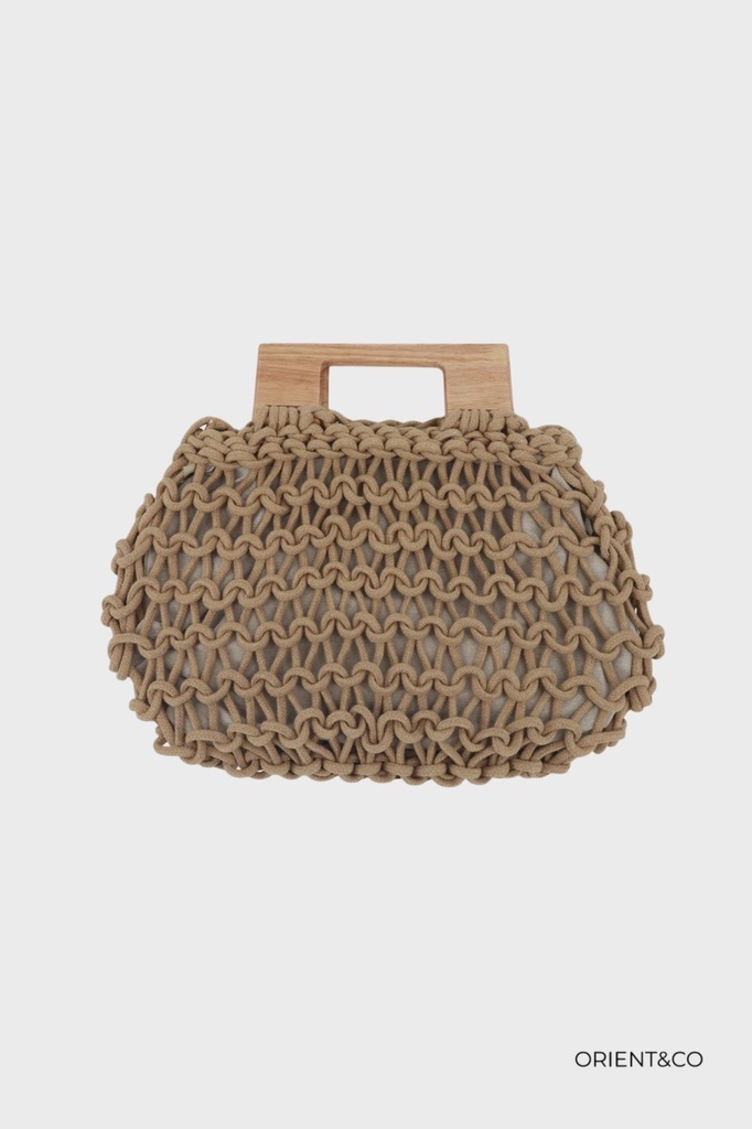 [SAC-3700005-brun] Sac en crochet avec anse en bois - Brun