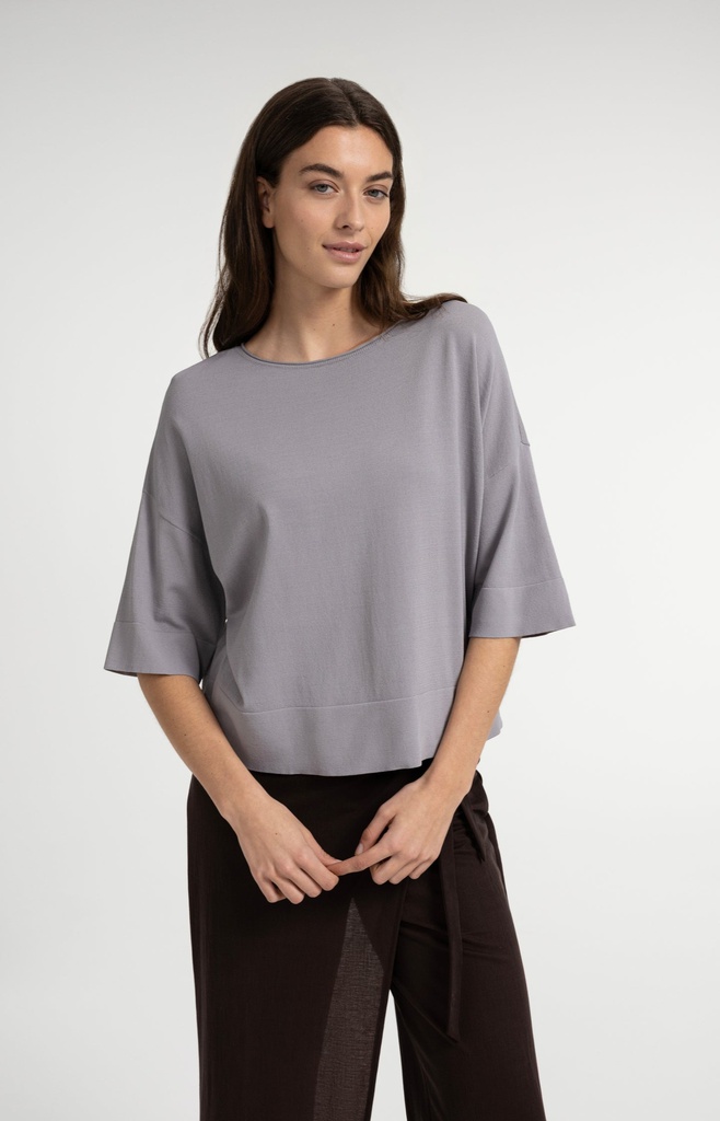 [01-000598-606-stormcloudgrey-L] T-shirt oversize, col bateau, en maille fine - YAYA - Storm Cloud Grey (L)