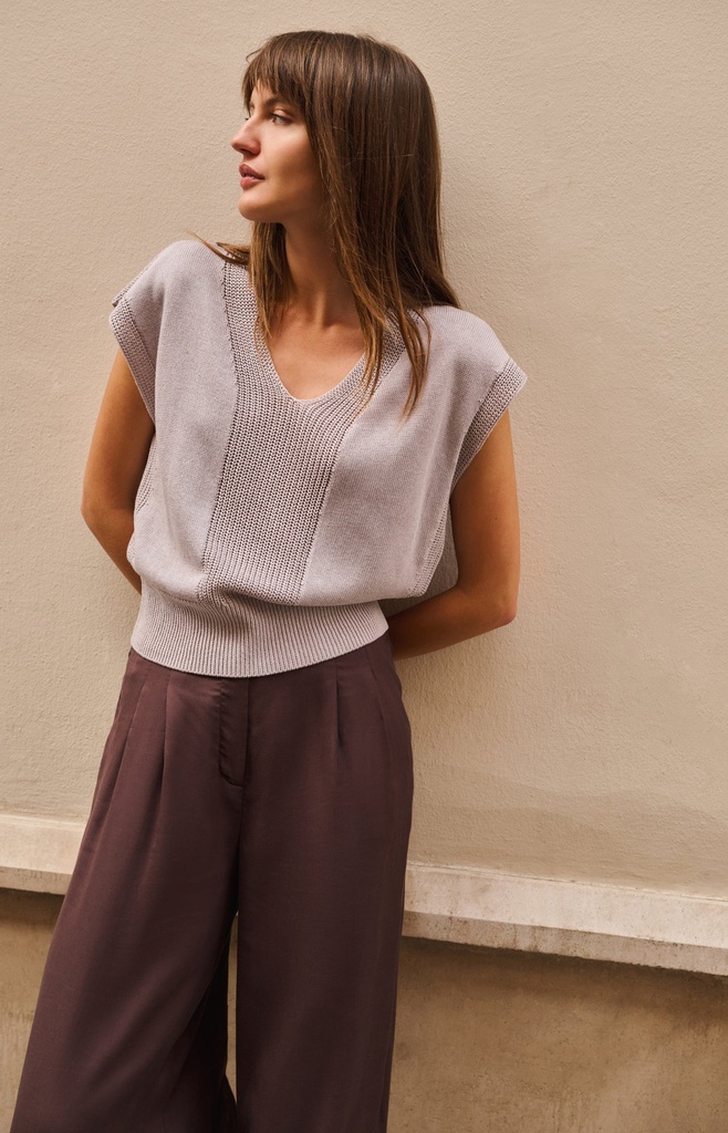 [01-000599-606-alabastergraymelange-L] Pull col V en maille texturée - YAYA - Alabaster Gray Melange (L)
