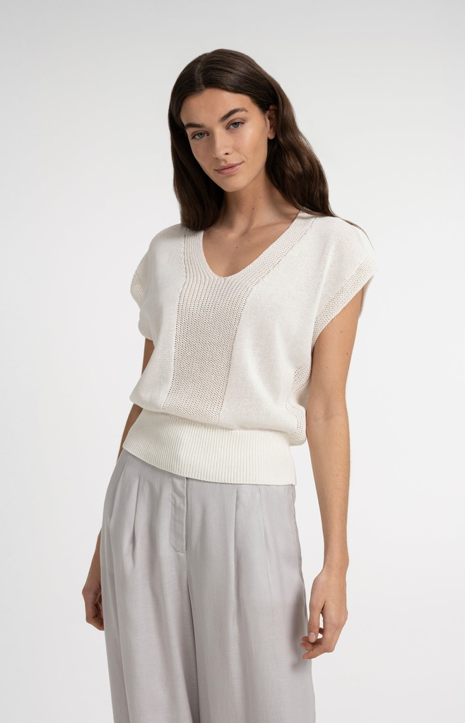 [01-000599-606-milkbeigemelange-L] Pull col V en maille texturée - YAYA - Milk Beige Melange (L)