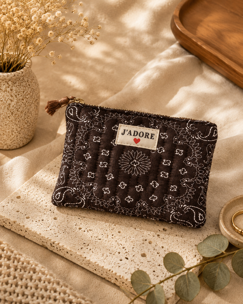 [POCH-AU33457-marron] Pochette en coton - J'adore - Bandana Marron