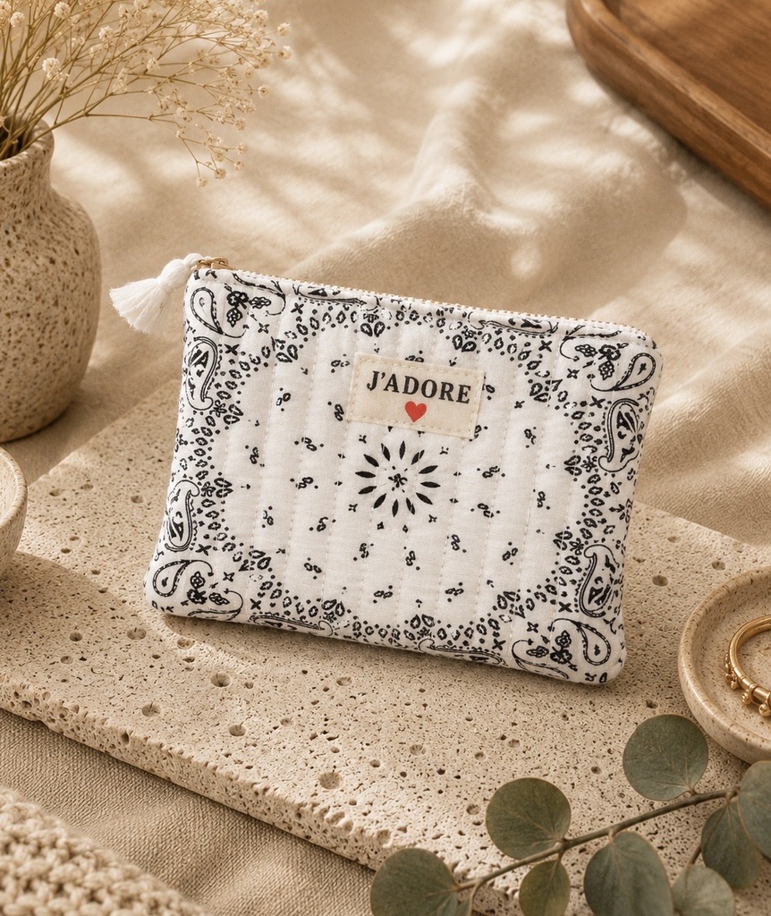 [POCH-AU33457-beige] Pochette en coton - J'adore - Bandana Beige