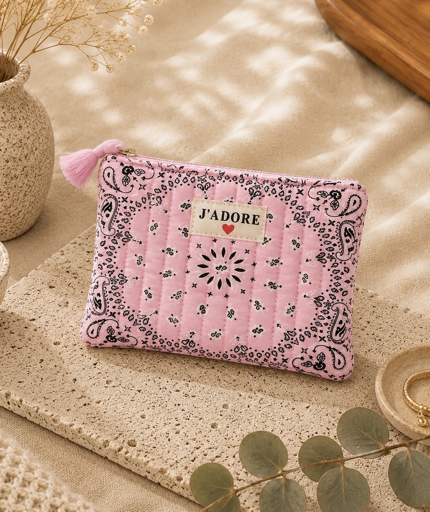 [POCH-AU33457-rose] Pochette en coton - J'adore - Bandana Rose