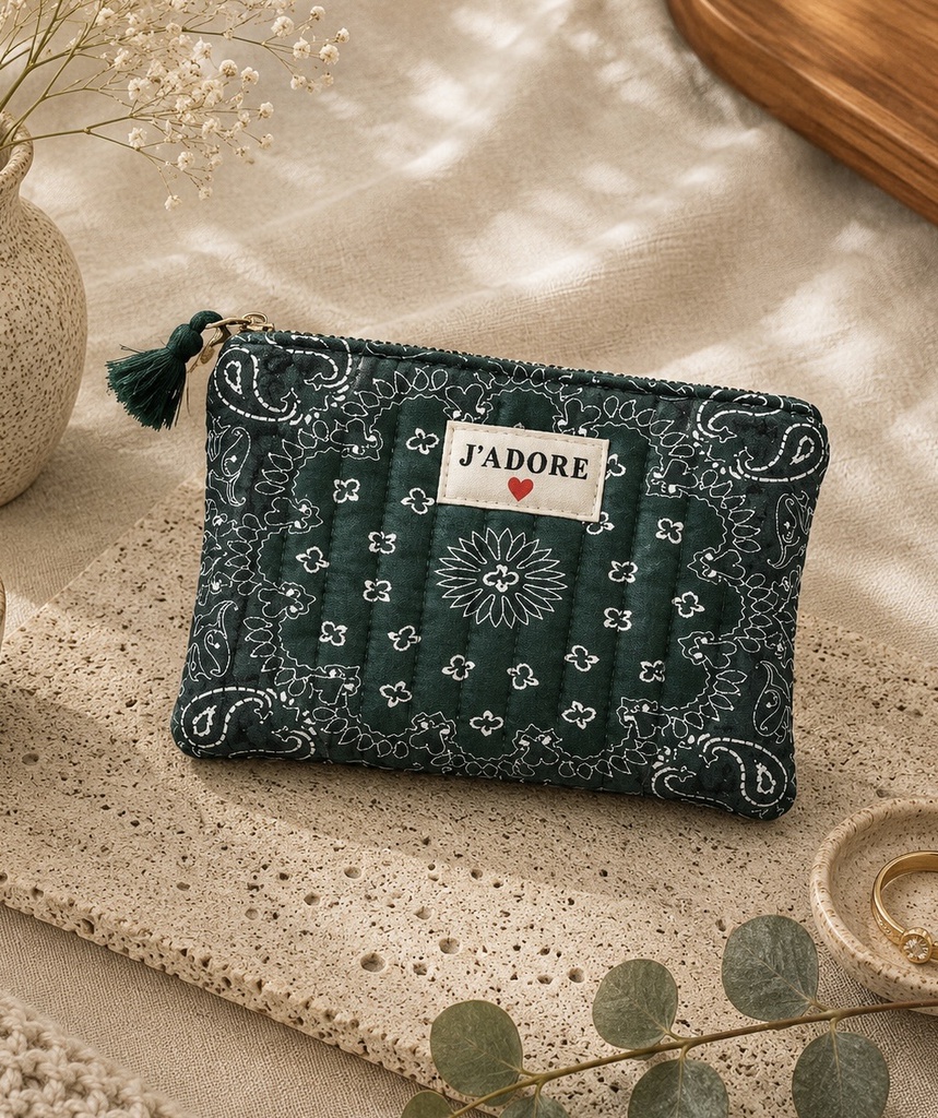 [POCH-AU33457-olive] Pochette en coton - J'adore - Bandana Vert Olive