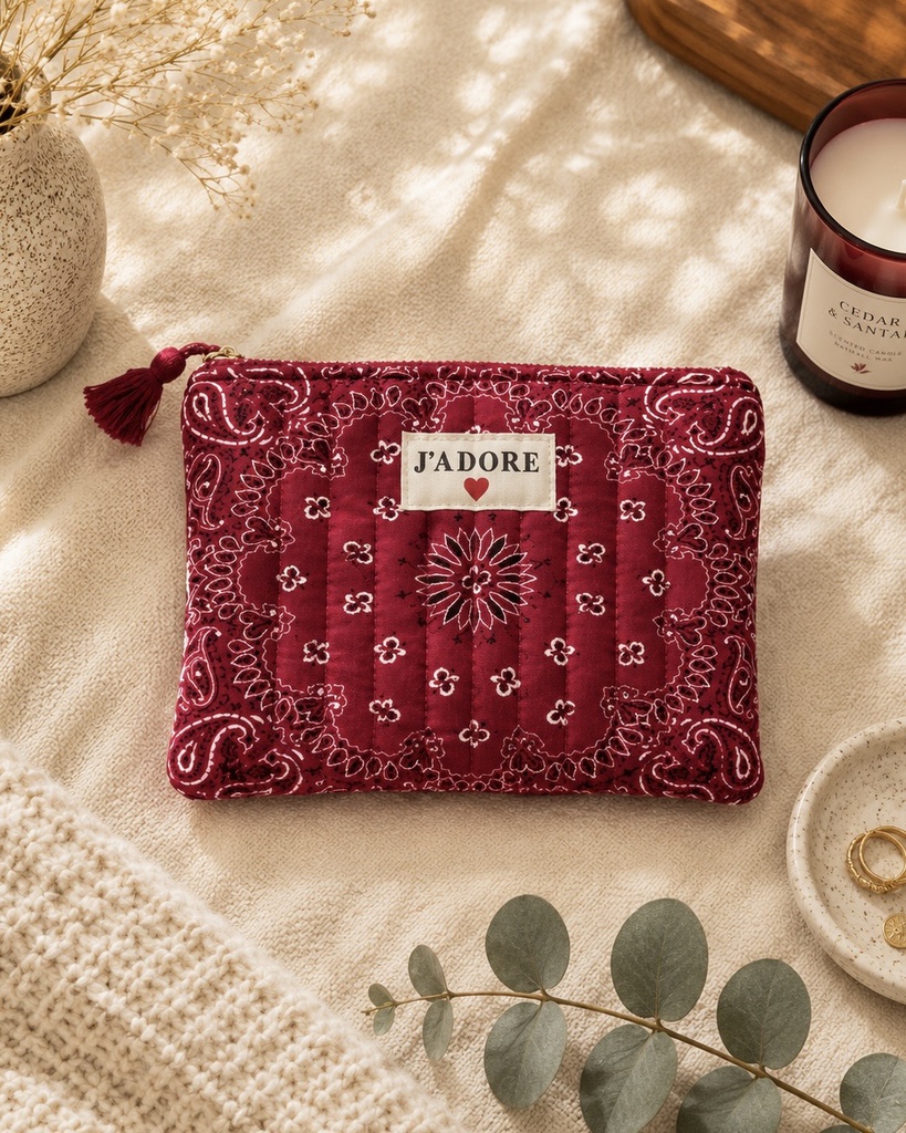 Pochette en coton - J'adore - Bandana Bordeaux