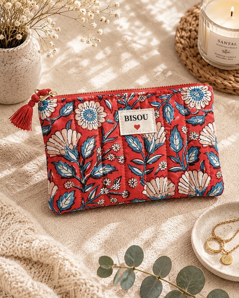 Pochette en coton - Bisou - Motifs Fleuris - Rouge
