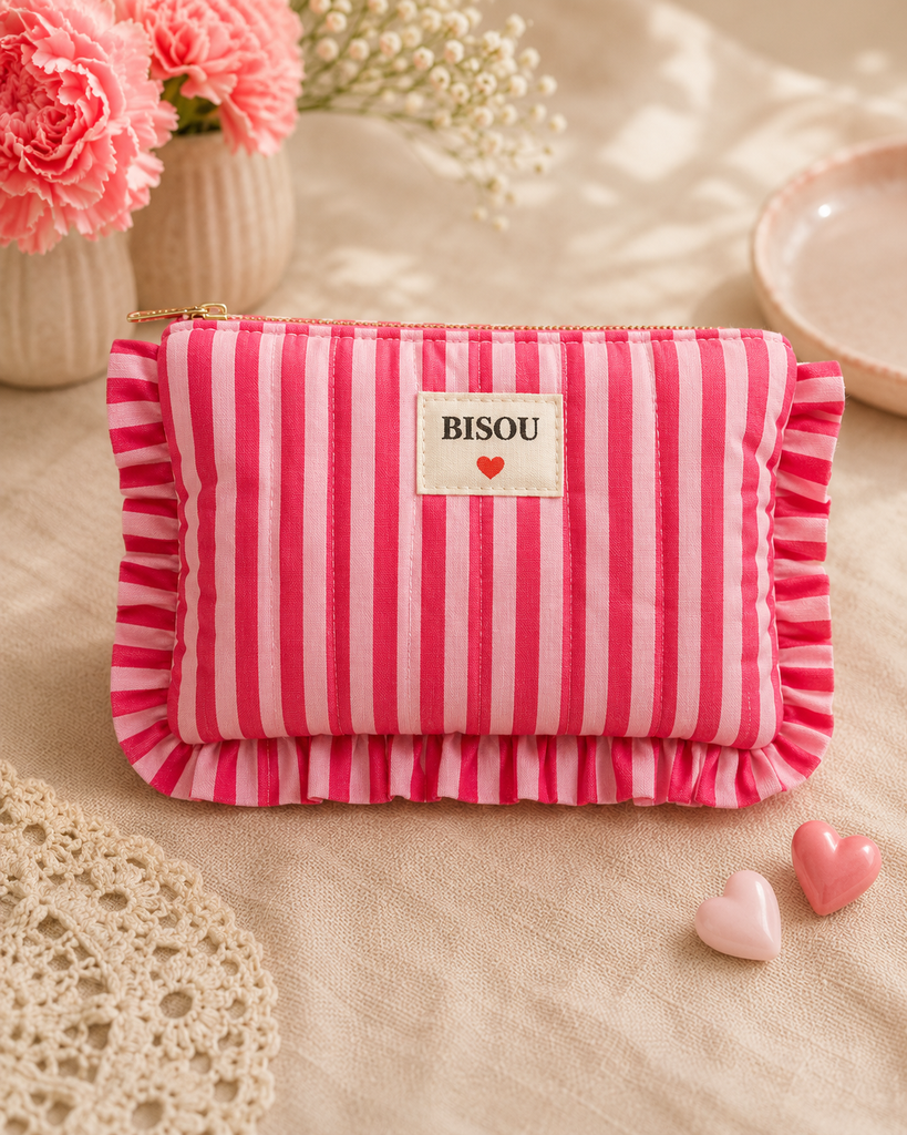 [POCH-AU33454-ligné-fuchsia] Pochette en coton - Bisou - Motifs ligné - Fuchsia