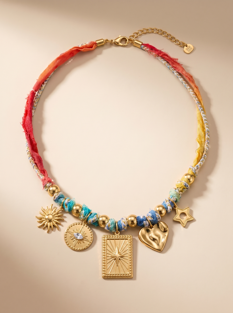 [45257-COLLIER-RYLEE-OR] Collier en tissu avec charms - Rylee - Doré