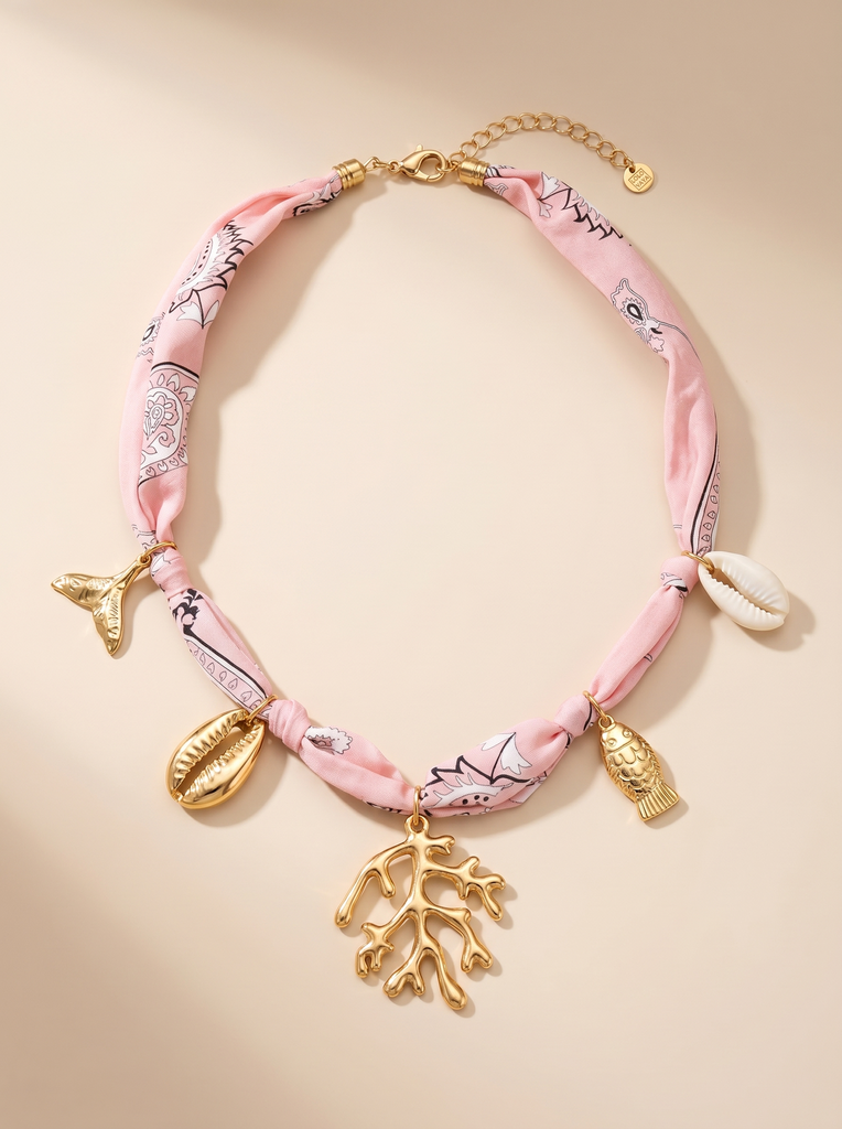 [45546-COLLIER-MAEVIE-ROSE] Collier en tissu avec charms océan - Maevie - Rose