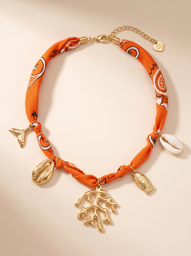 [45546-COLLIER-MAEVIE-CORAIL] Collier en tissu avec charms océan - Maevie - Corail