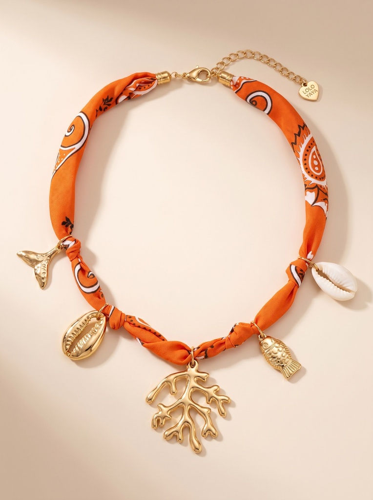 Collier en tissu avec charms océan - Maevie - Corail