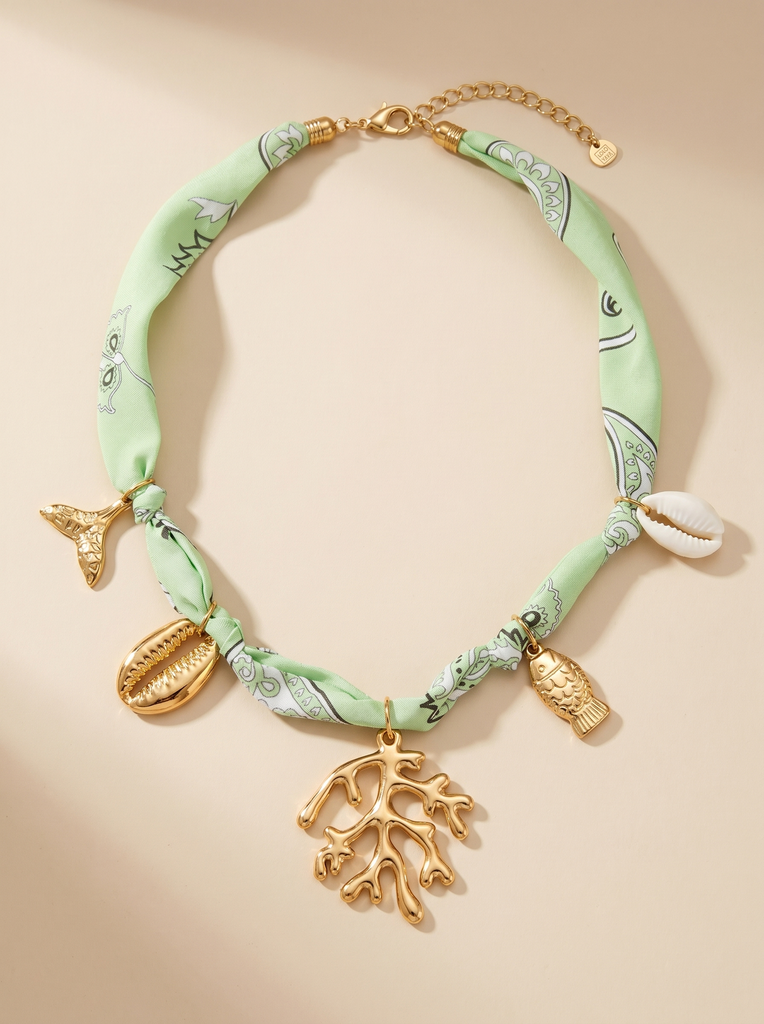 Collier en tissu avec charms océan - Maevie - Vert