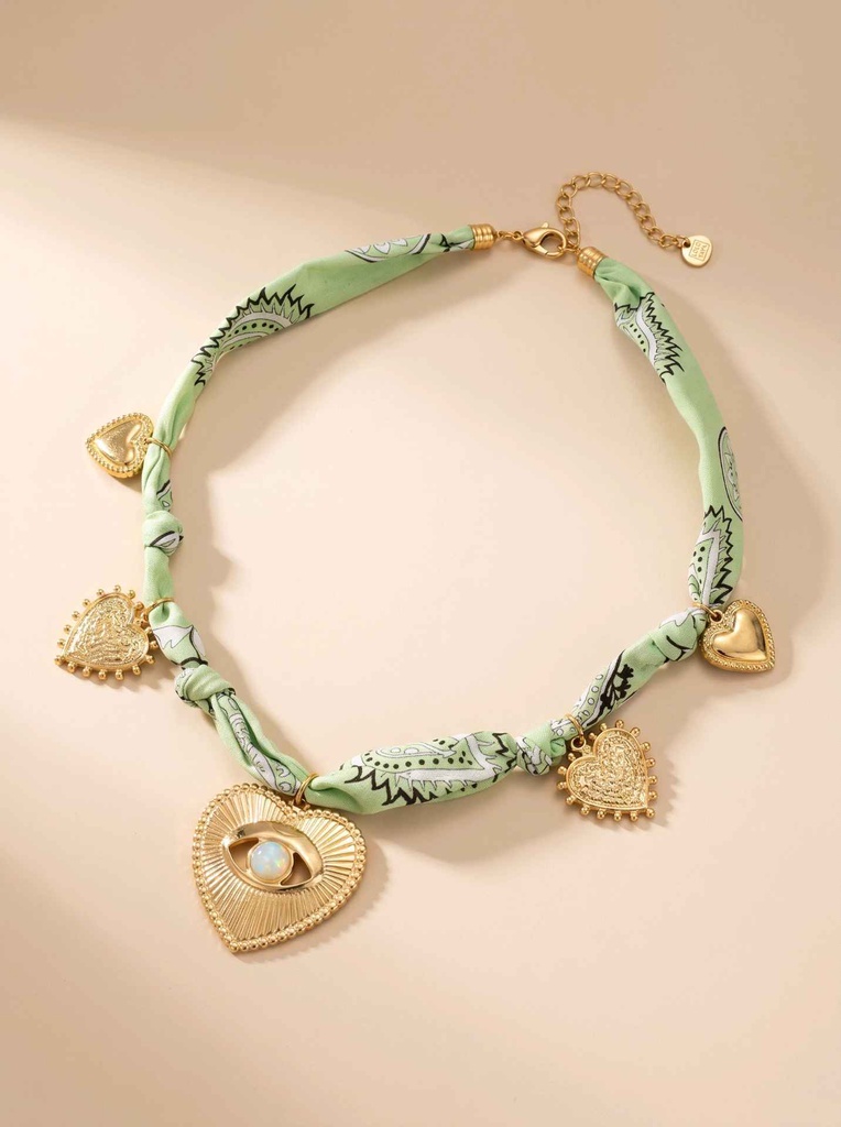[45547-COLLIER-ALITZEL-VERT] Collier en tissu avec charms coeur - Alitzel - Vert Clair