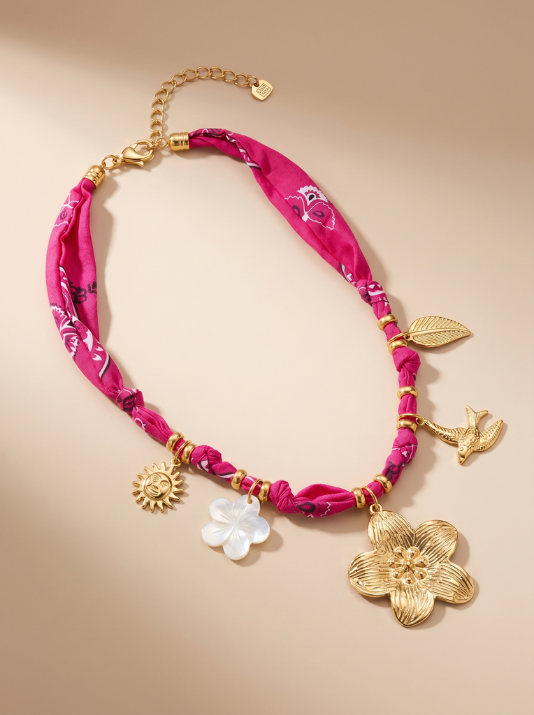 [45550-COLLIER-ADHARA-FUCHSIA] Collier en tissu avec charms fleur - Adhara - Fuchsia