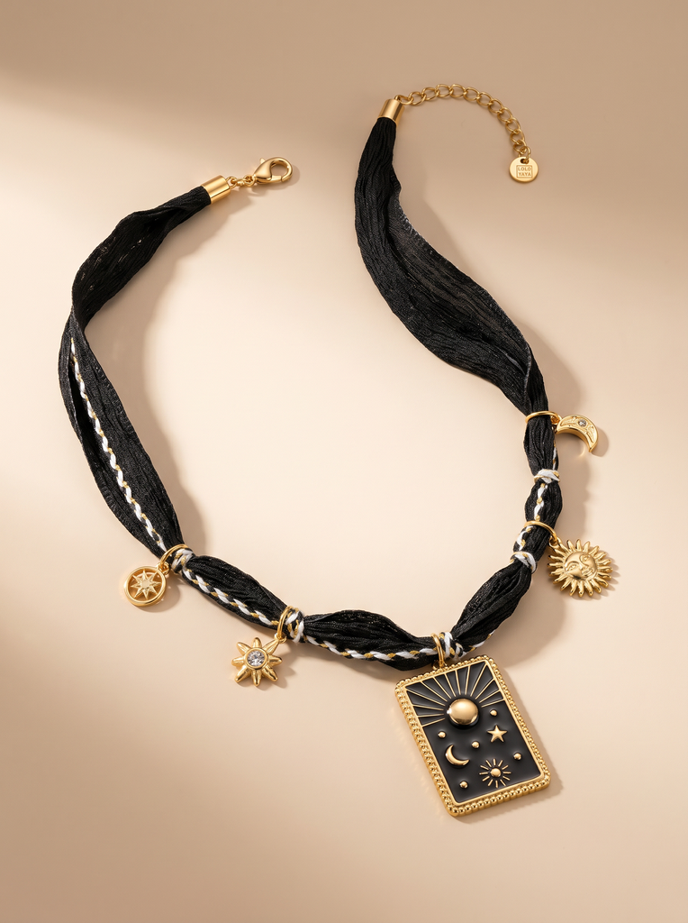 [46465CO-COLLIER-NIGHT-NOIR] Collier en tissu avec charm nuit - Night - Noir