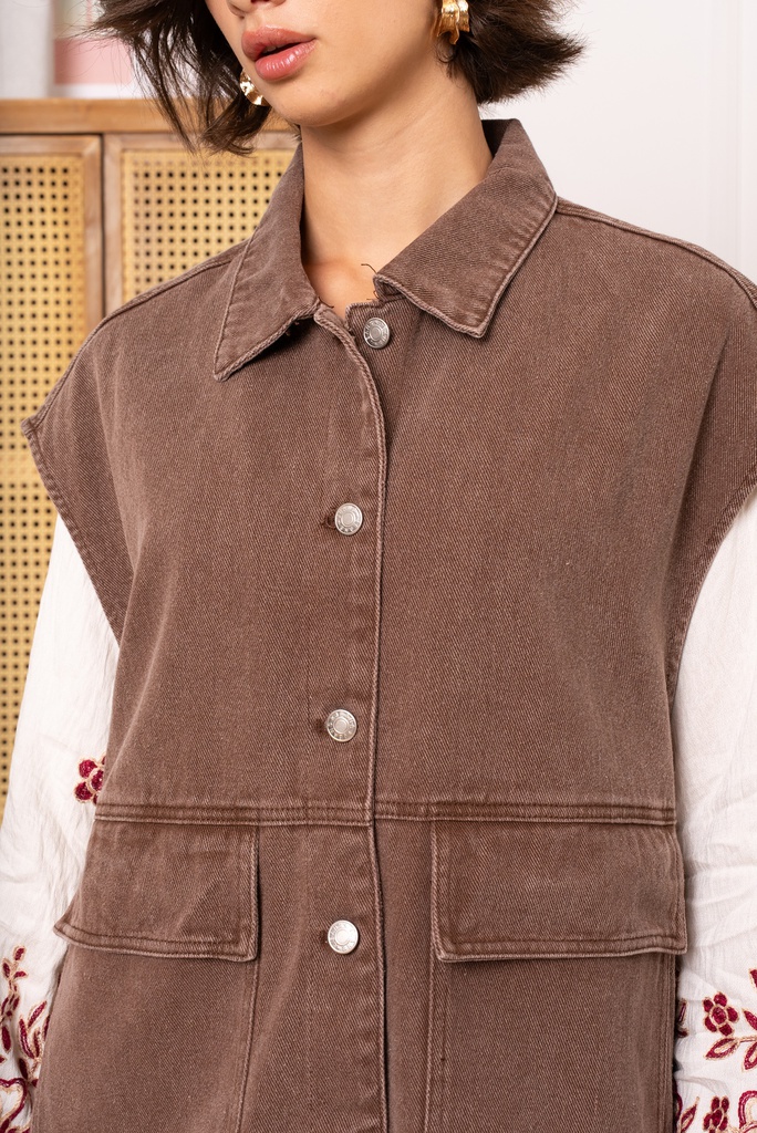 [ZP1104-marron-L] Veste sans manche en jeans - Marron (L)