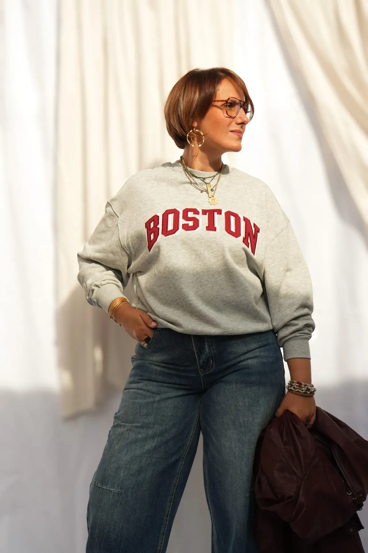 Sweat molletonné lettrage Boston - Gris chiné