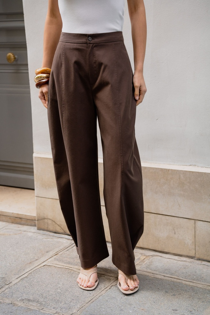 Pantalon large à pinces taille haute - Café