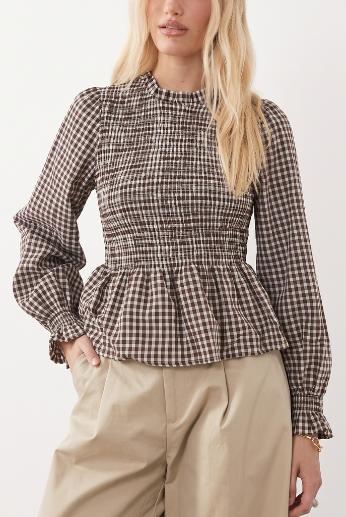 Blouse smockée à carreaux vichy - Brun