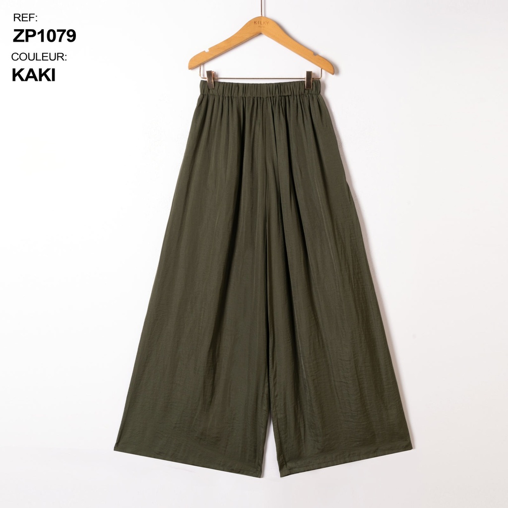 Pantalon large fluide taille élastiquée - Kaki