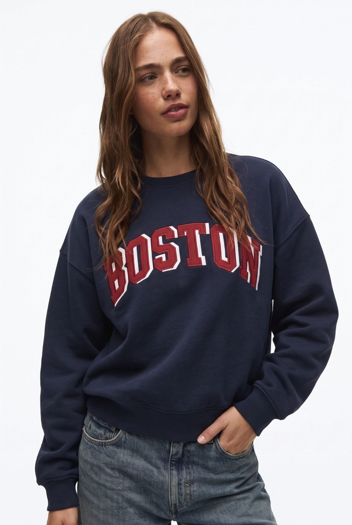 Sweat molletonné lettrage Boston - Marine