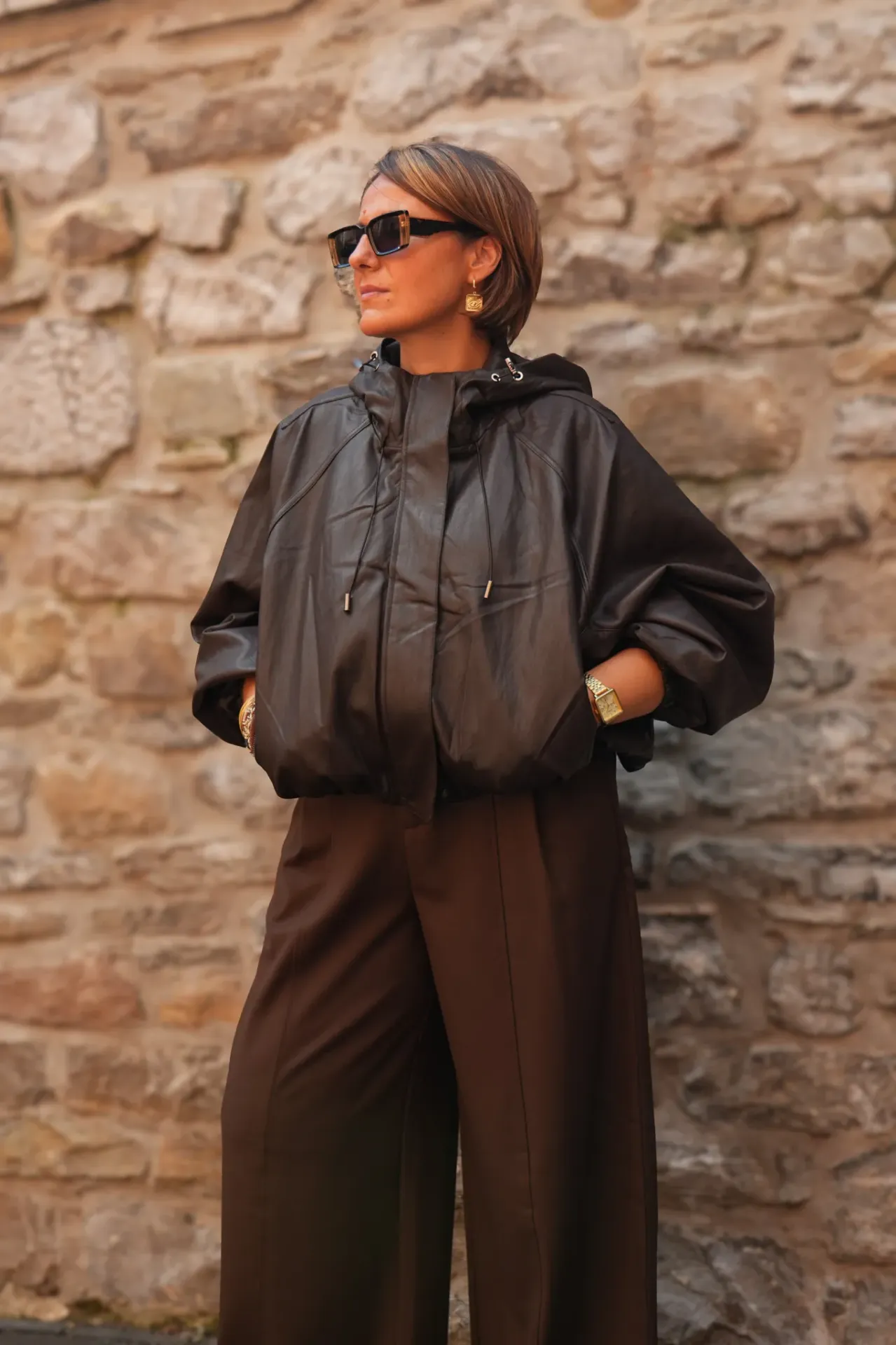 Blouson zippé en simili cuir - Marron