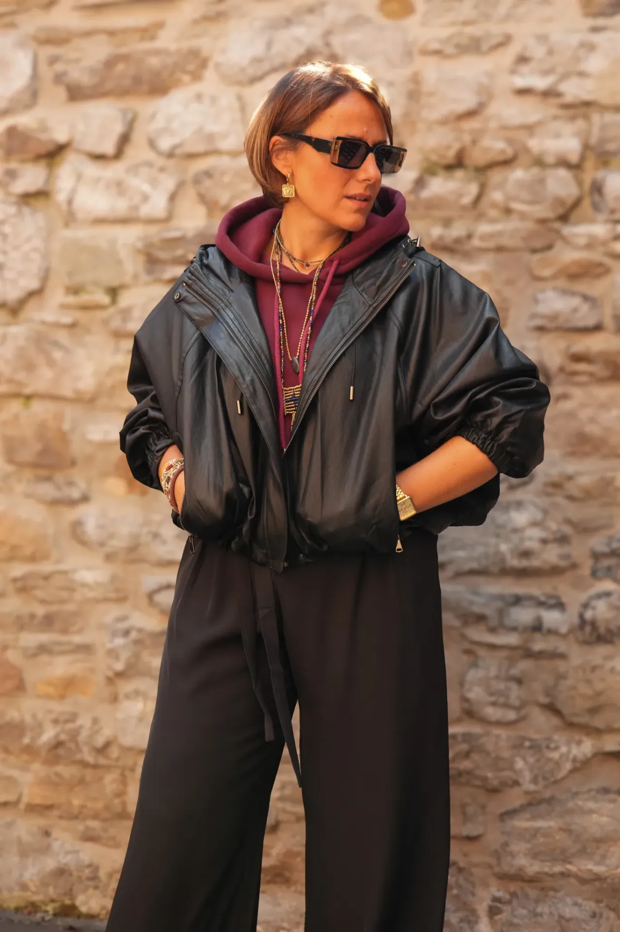Blouson zippé en simili cuir - Noir
