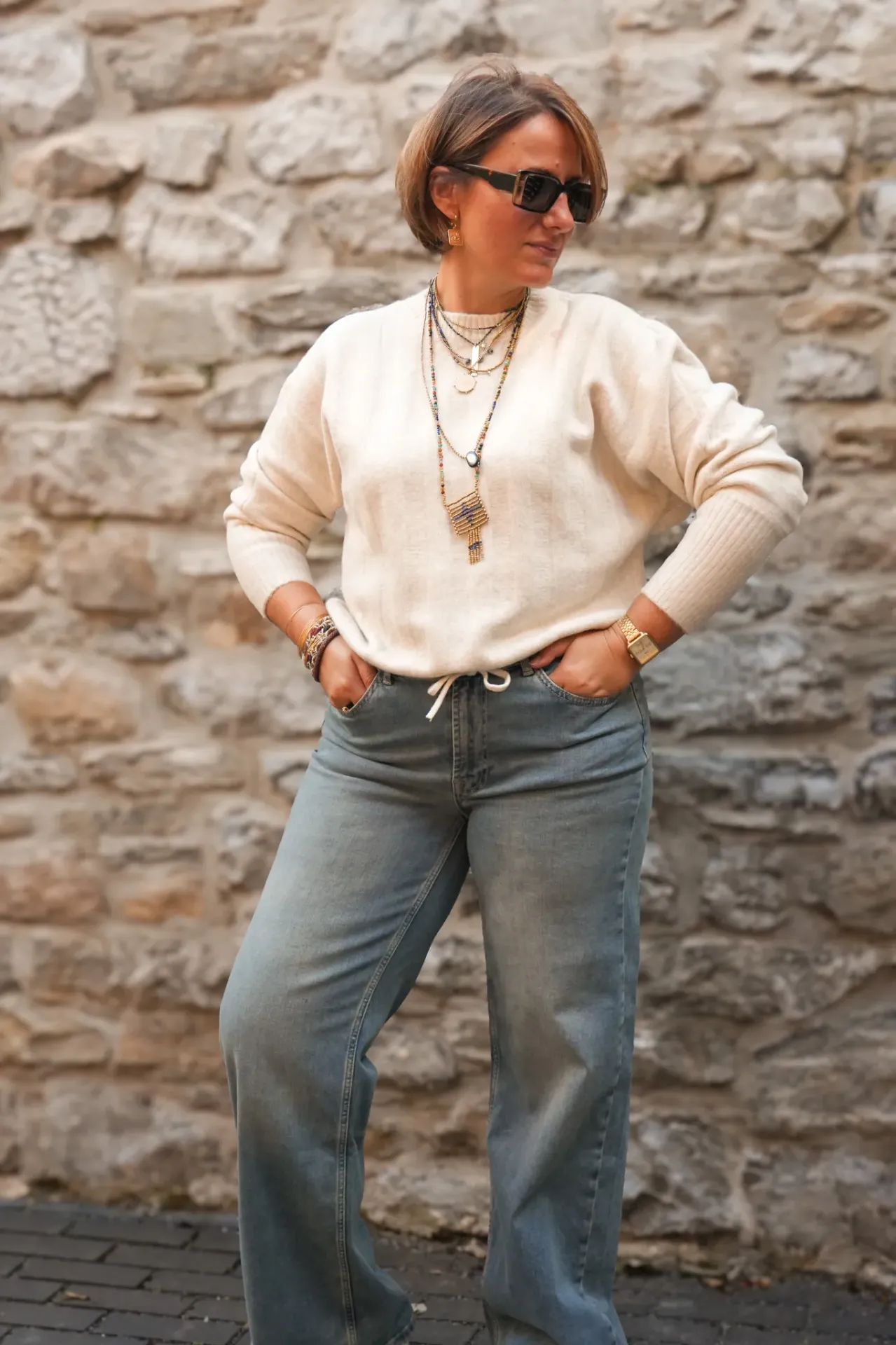 Pull avec manches chauve-souris et cordon de serrage - YAYA - Off White Melange