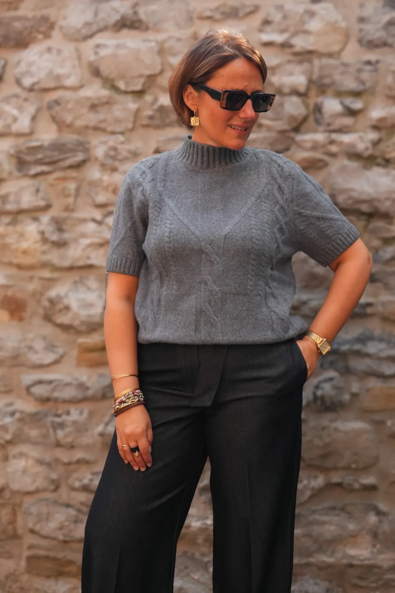 Pull en maille torsadée à manches courtes - YAYA - Arctic Seal Grey Melange