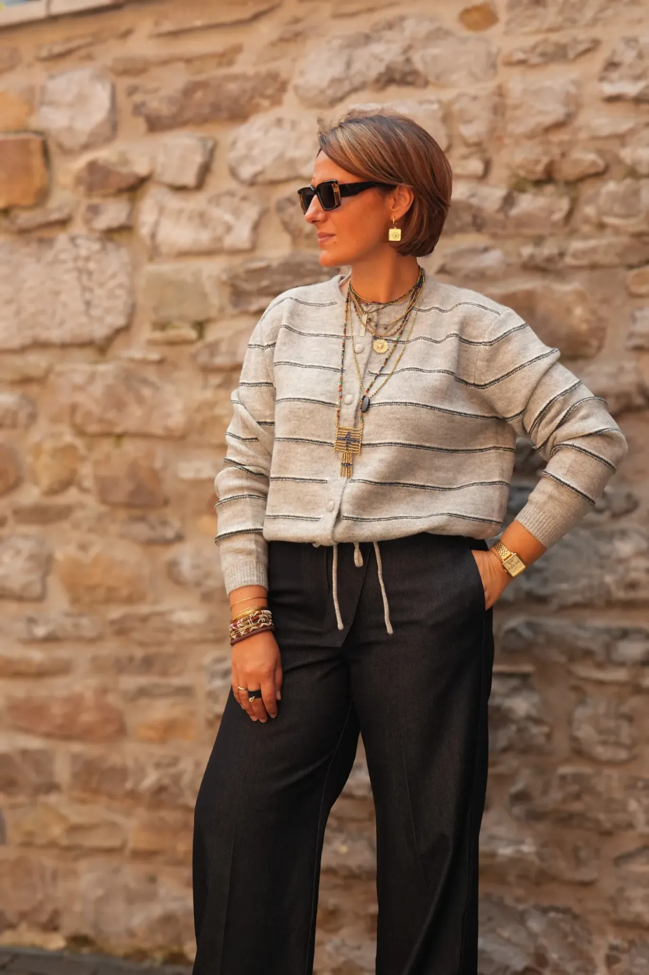 Cardigan rayé en maille avec lien à nouer - YAYA - Medium Grey Melange