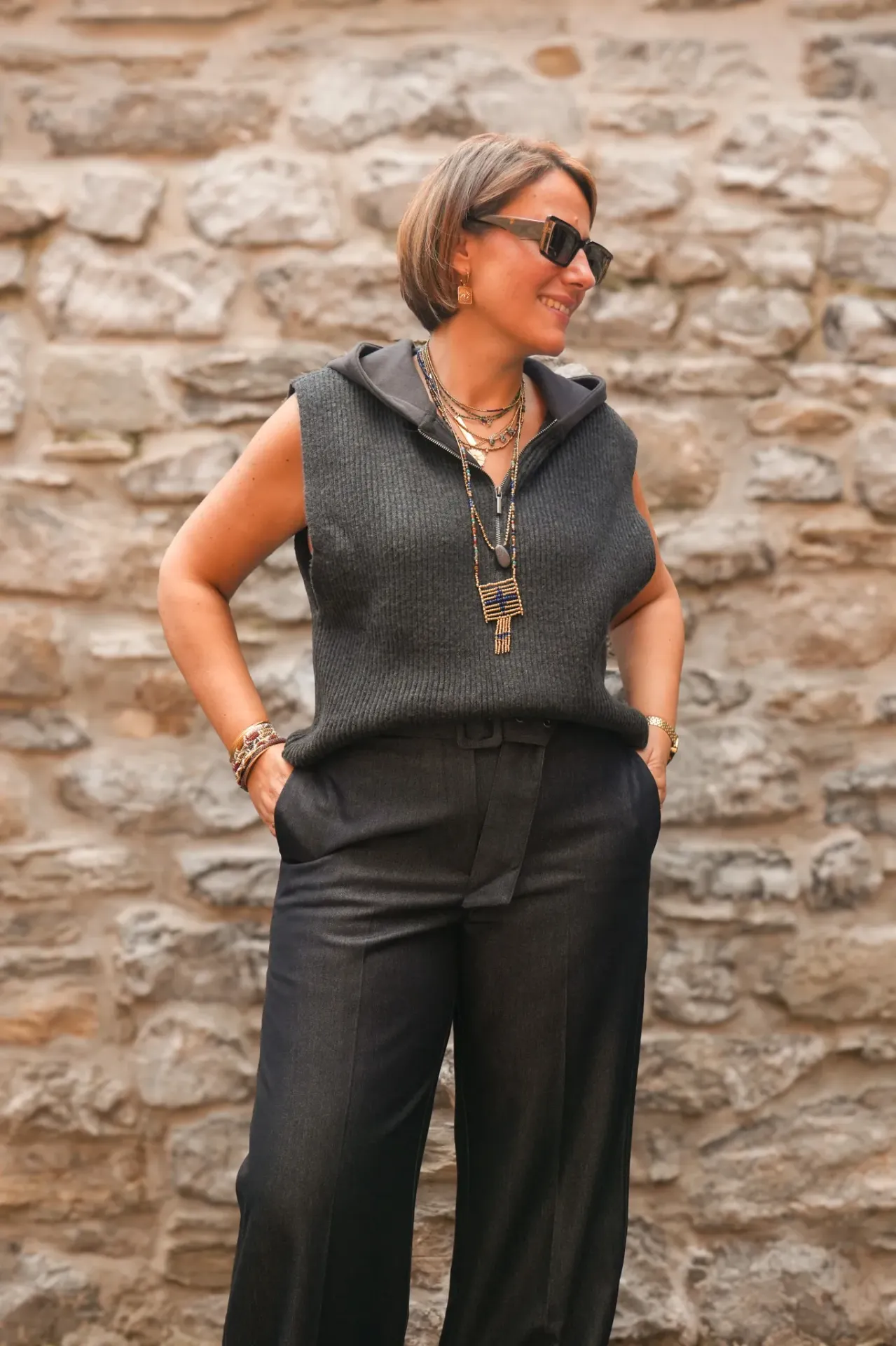 Pantalon en tissu avec ceinture et fini satiné - YAYA - Cat Black