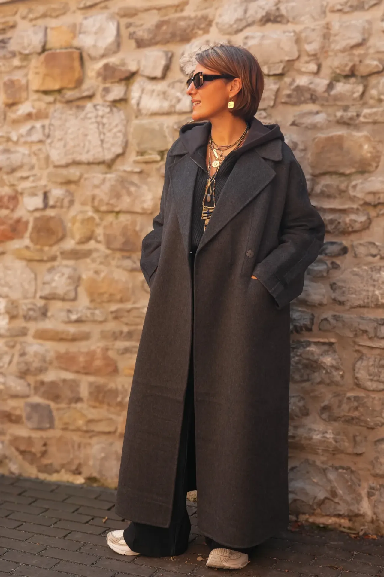 Manteau extra-long en laine mélangée et à la coupe oversize - YAYA - Hole Black Melange