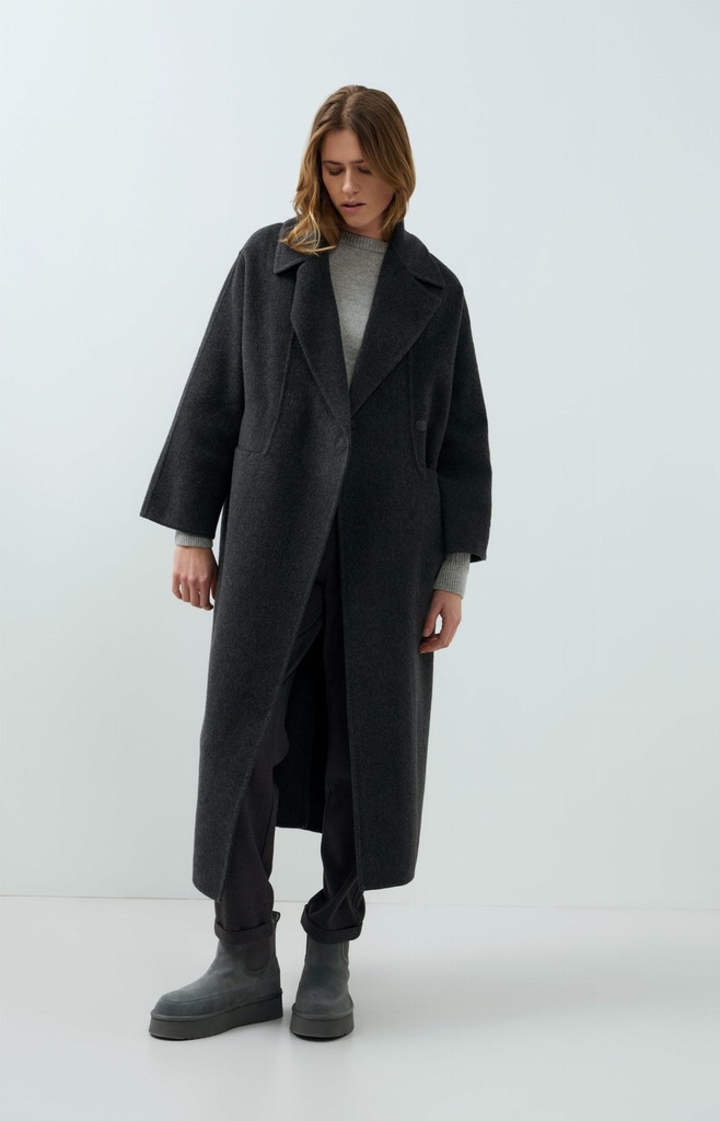 Manteau extra-long en laine mélangée et à la coupe oversize - YAYA - Hole Black Melange
