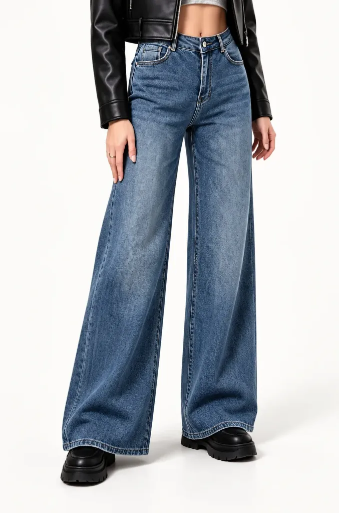 Jeans large taille haute - Lila - Bleu