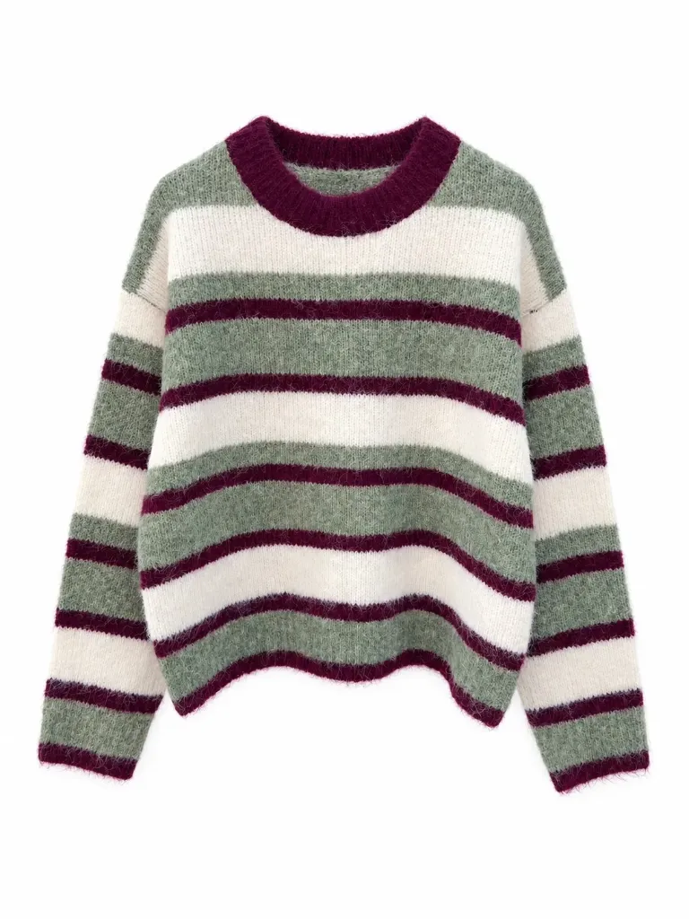 Pull rayé en maille mohair - Col rond - Olive