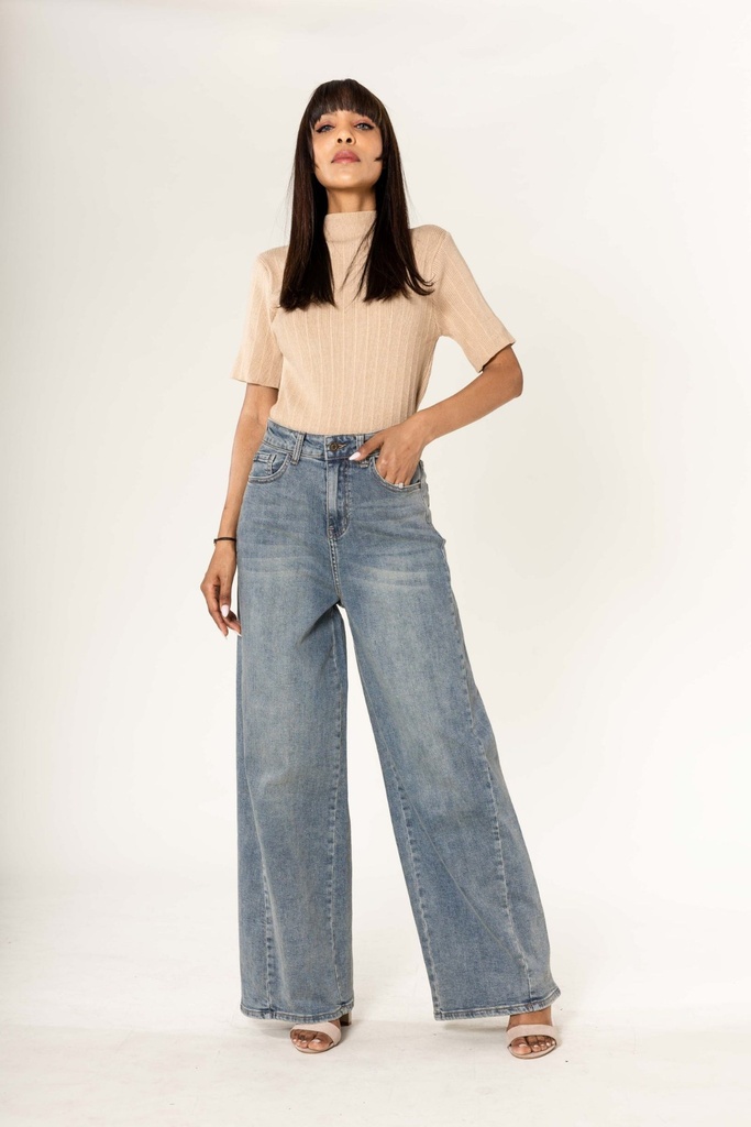 Jeans wide leg taille haute délavé avec couture oblique - Lola - Vintage blue