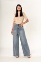 Jeans wide leg taille haute délavé avec couture oblique - Lola - Vintage blue