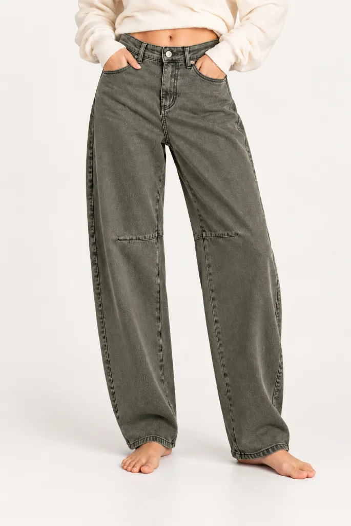 Jeans ballon découpe genou - Kaki