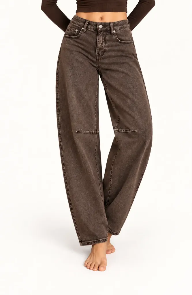 Jeans ballon découpe genou - Brun